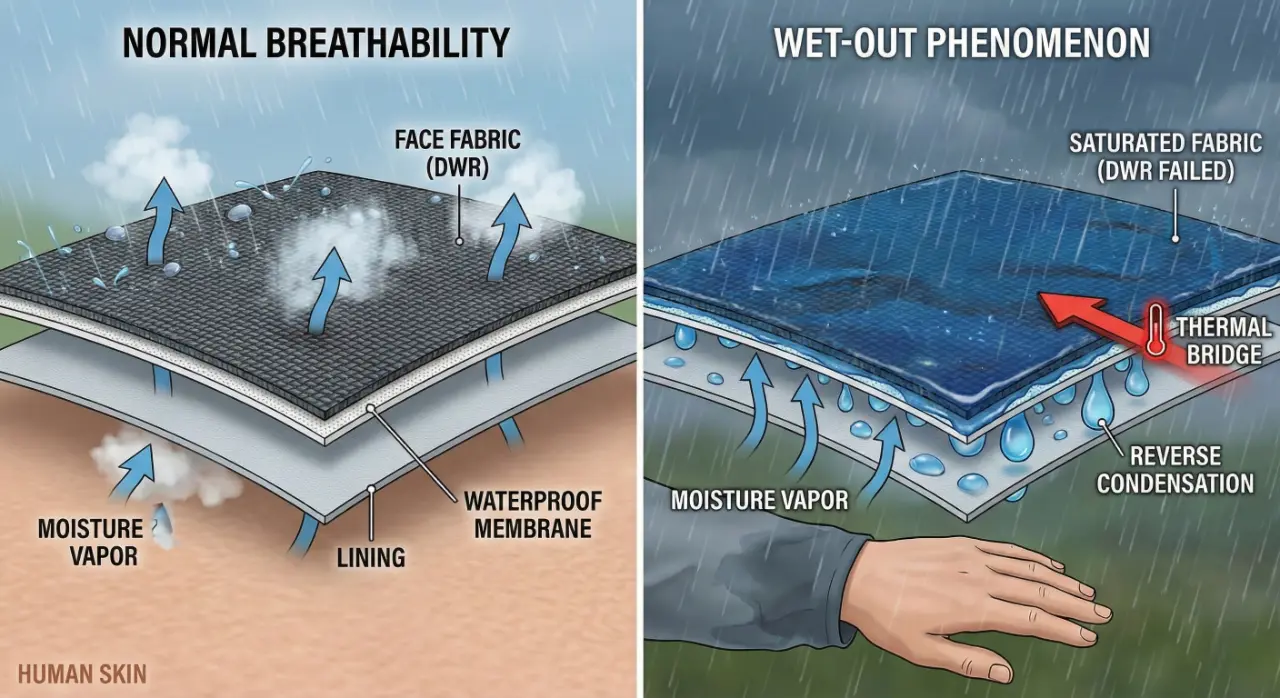 「表面浸潤 (Wet-Out)」現象：當透氣機制受限時